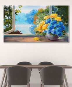 tranh sơn dầu bình hoa cúc vàng xanh TT0193