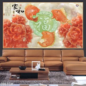 Tranh 3D giả ngọc cá chép và hoa mẫu đơn đỏ TT0466