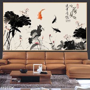 Tranh thủy mặc cá chép hoa sen đen trắng TT0470