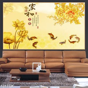 Tranh cá chép hoa sen, hoa mẫu đơn vàng sang trọng TT0484
