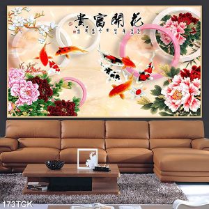 Tranh 3D cửu ngư và hoa mẫu đơn TT0503