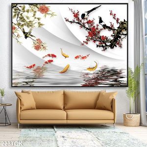 Tranh cá chép quần tụ và hoa đào TT0524