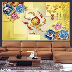 Tranh cá chép và hoa mẫu đơn xanh TT0533