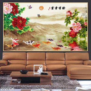 Tranh đàn cá chép và hoa mẫu đơn TT0546