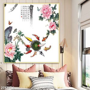 Tranh cá chép quần tụ bên hoa mẫu đơn TT0548