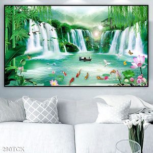 Tranh phong cảnh cá chép và hoa sen bên thác nước TT0557