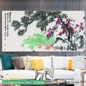 Tranh thủy mặc hoa đào bên cây tùng TT0199