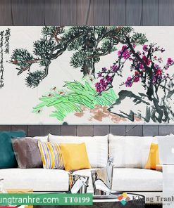 Tranh thủy mặc hoa đào bên cây tùng TT0199