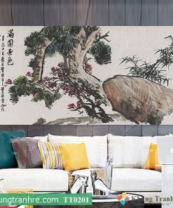 Tranh thủy mặc hoa đào dưới gốc tùng cổ thụ TT0201