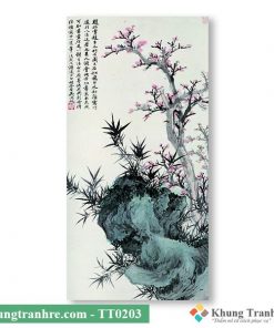Tranh thủy mặc cây hoa đào trên đá TT0203