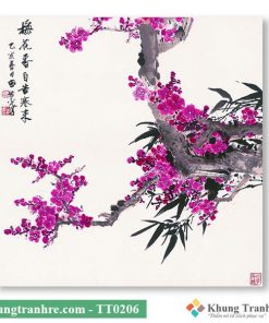 Tranh thủy mặc đàn chim trên cành hoa đào TT0205