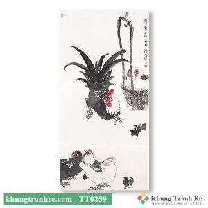 Tranh thủy mặc gà trống gà mái và đàn gà con TT0259