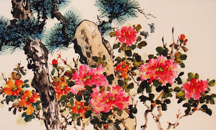 Bức tranh thủy mặc hoa mẫu đơn bên cây tùng của Trương Hán Minh