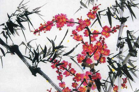 Bức tranh Trương Hán Minh hoa đào bên khóm trúc