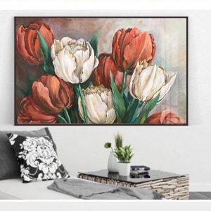 Tranh vẽ hoa tulip trắng và đỏ TT1431