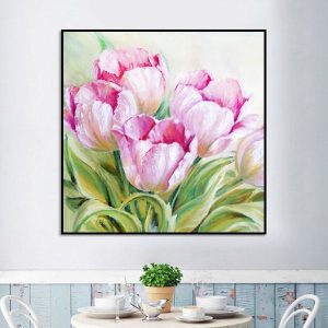 Tranh sơn dầu vẽ bó hoa tulip hồng TT1450