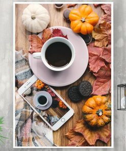 Tranh sắp đặt cốc cafe quả bí và lá phong TT3447