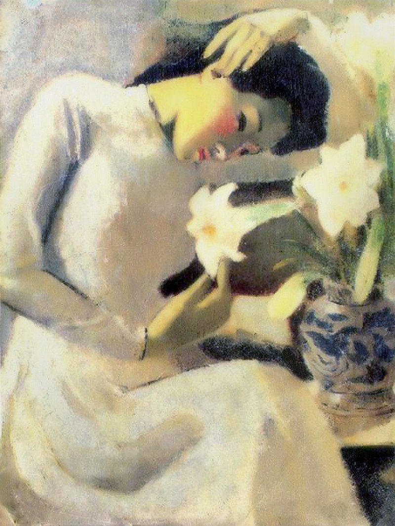 Bức tranh sơn dầu thiếu nữ bên hoa huệ