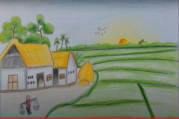 vậy là đã hoàn thành bức tranh phong cảnh quê hương bằng bút chì màu