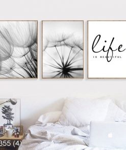 Bộ 3 tranh hoa bồ công anh tone đen trắng KTR003554