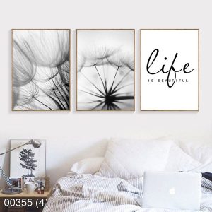 Bộ 3 tranh hoa bồ công anh tone đen trắng KTR003554