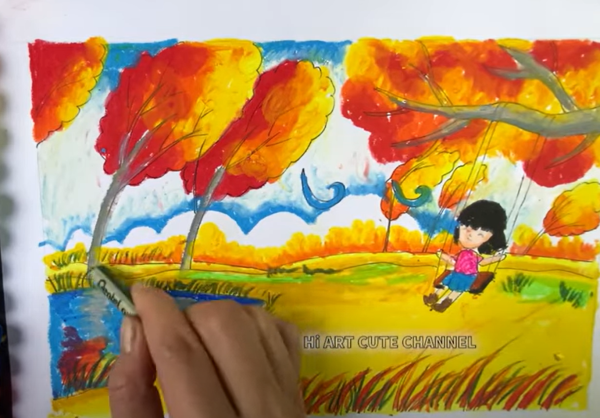 Vẽ tranh phong cảnh mùa thu siêu đơn giản mà đẹp 17 Tô cây cỏ