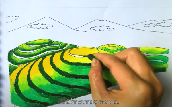 Vẽ tranh phong cảnh cho học sinh siêu dễ 12 tạo điểm tối cho ruộng bậc thanh