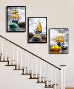 Bộ 3 tranh thuyền buồm trang trí cầu thang PTR03011
