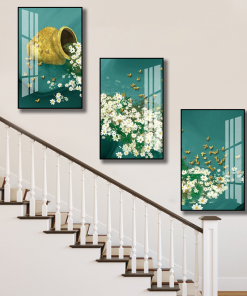 Bộ 3 tranh bình hoa cúc họa mi trang trí cầu thang PTR03017