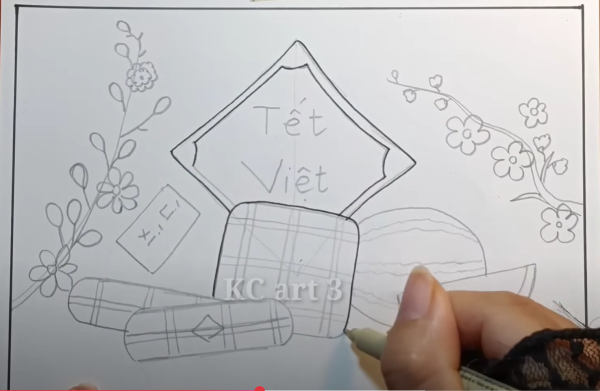 Hướng dẫn các cách vẽ tranh ngày tết cực kì độc đáo 9 dùng bút đen tô lại