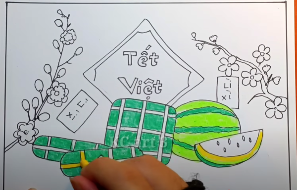 Hướng dẫn các cách vẽ tranh ngày tết cực kì độc đáo 12 tô màu quả dưa hấu