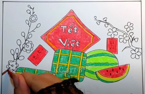 Hướng dẫn các cách vẽ tranh ngày tết cực kì độc đáo 14 tô cành hoa