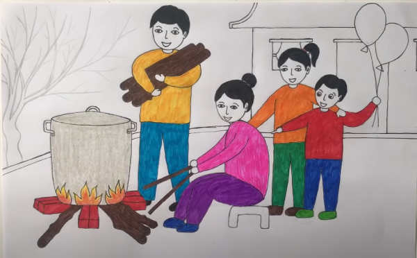 Hướng dẫn các cách vẽ tranh ngày tết cực kì độc đáo 40 tô màu quần áo cho hai đứa trẻ