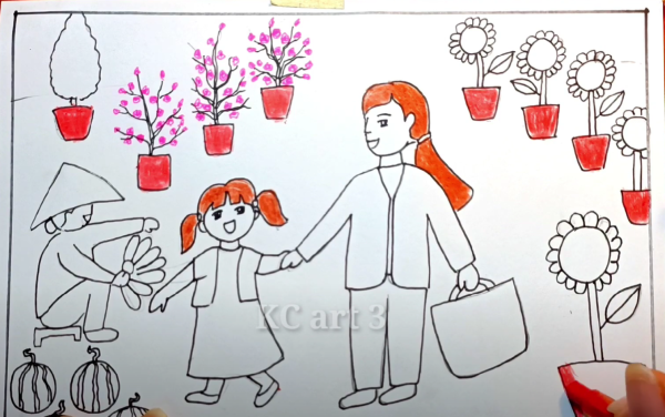 Thử học các cách vẽ tranh đi chợ ngày tết vô cùng đơn giản dành cho các bạn học sinh. 28 tô chậu cây
