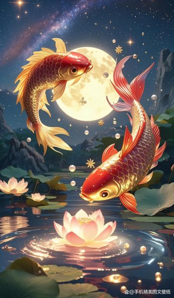 Tranh cá chép trông trăng 6 tranh cá chép trông trăng hiện đại, đẹp mắt