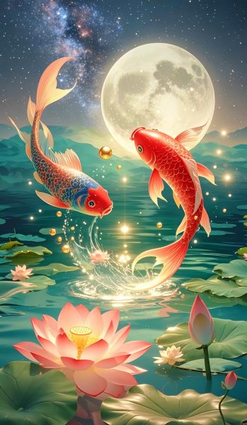 Tranh cá chép trông trăng 3 tranh cá chép trông trăng phong cách hiện đại